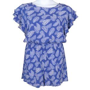 Good Luck Gem Blue and White Leaf Print Ruffle Sleeve Romper Size Large EUC